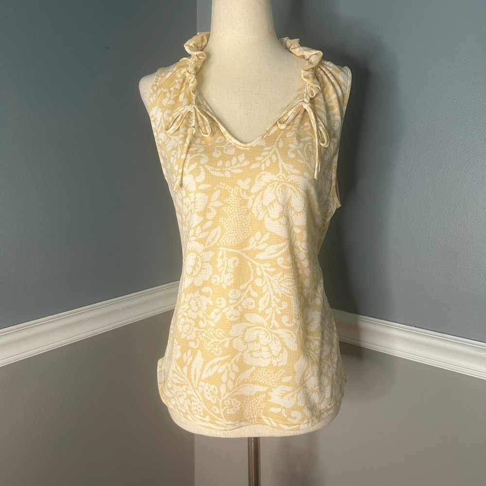 Melloday Floral Tank Top Ruffle Neck Sleeveless Casual Yellow White S